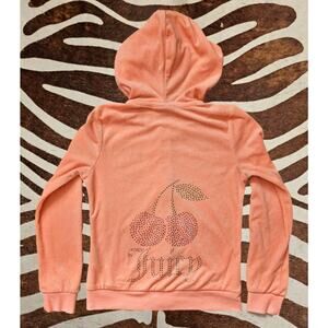 Juicy Couture Girls Velour Hoodie Sz 8/10 Y2K Cherry Bling Zip Up Peach Logo